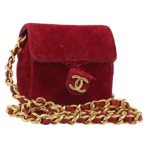 CHANEL Matelasse Chain Shoulder Bag Velor Red Gold CC Auth 181928