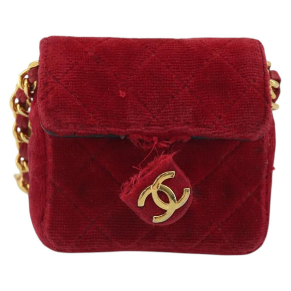 CHANEL Matelasse Chain Shoulder Bag Velor Red Gold CC Auth 181928
