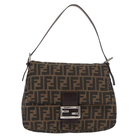 FENDI Zucca Canvas Mamma Baguette Shoulder Bag Black Brown Auth 181932A