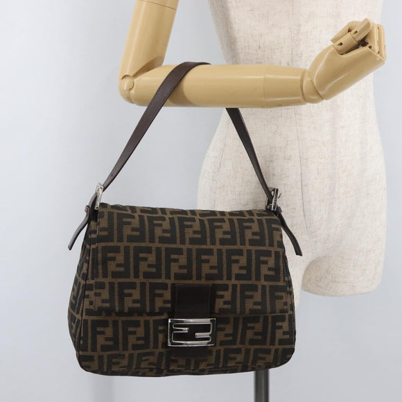 FENDI Zucca Canvas Mamma Baguette Shoulder Bag Black Brown Auth 181932A