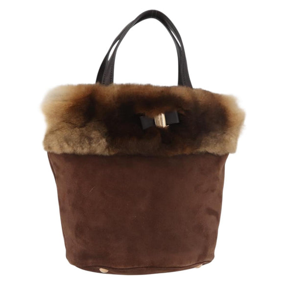 Salvatore Ferragamo Vala Hand Bag Fur Brown Gold Auth 181933A