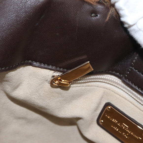 Salvatore Ferragamo Vala Hand Bag Fur Brown Gold Auth 181933A