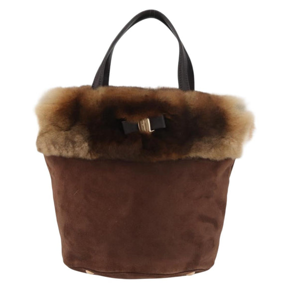 Salvatore Ferragamo Vala Hand Bag Fur Brown Gold Auth 181933A