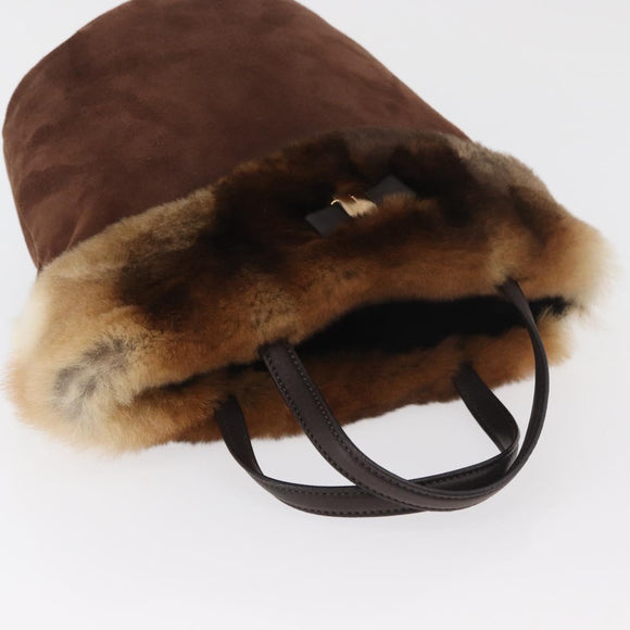Salvatore Ferragamo Vala Hand Bag Fur Brown Gold Auth 181933A