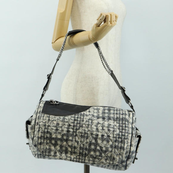 CHANEL Camelia 2.55 Chain Shoulder Bag Wool Tweed White Black CC Auth 181935SM