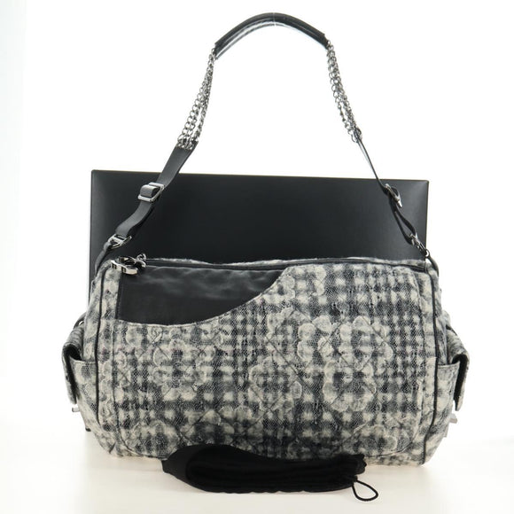 CHANEL Camelia 2.55 Chain Shoulder Bag Wool Tweed White Black CC Auth 181935SM