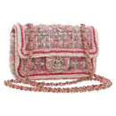 CHANEL Matelasse Chain Shoulder Bag Wool Tweed Pink Gold CC Auth 181936SAM-1