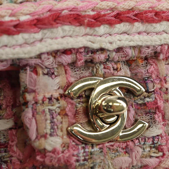 CHANEL Matelasse Chain Shoulder Bag Wool Tweed Pink Gold CC Auth 181936SAM