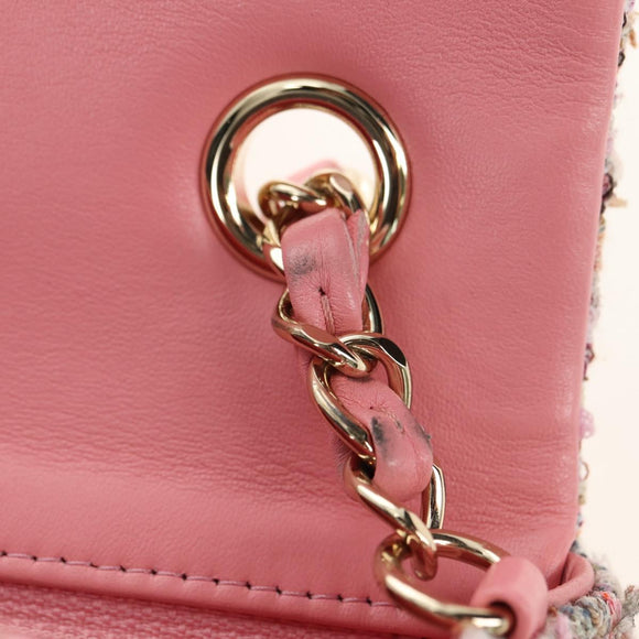 CHANEL Matelasse Chain Shoulder Bag Wool Tweed Pink Gold CC Auth 181936SAM