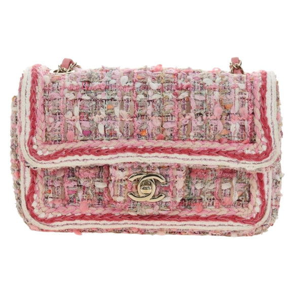 CHANEL Matelasse Chain Shoulder Bag Wool Tweed Pink Gold CC Auth 181936SAM