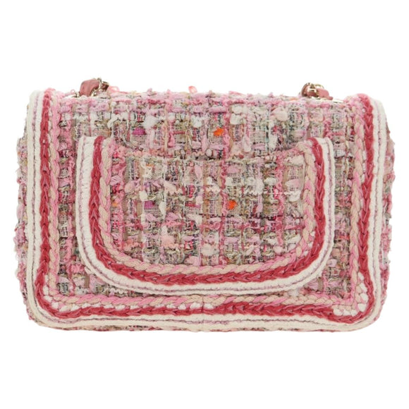 CHANEL Matelassé Chain Schultertasche Wolltweed Rosa Gold CC Auth 181936SAM