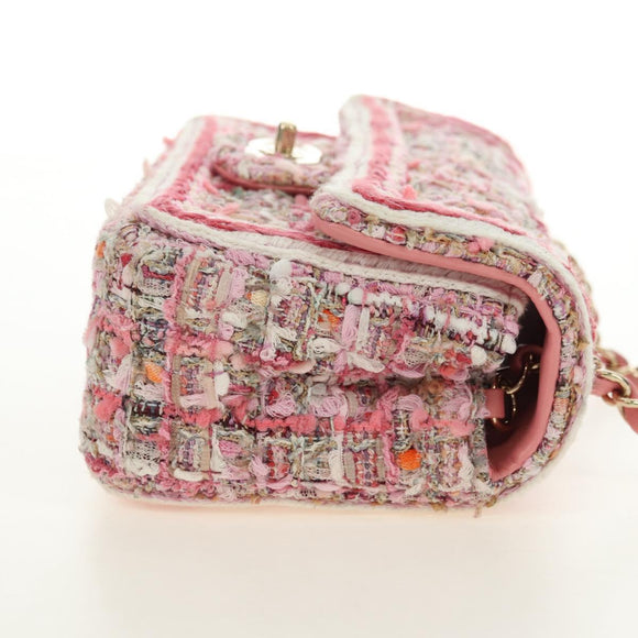CHANEL Matelasse Chain Shoulder Bag Wool Tweed Pink Gold CC Auth 181936SAM