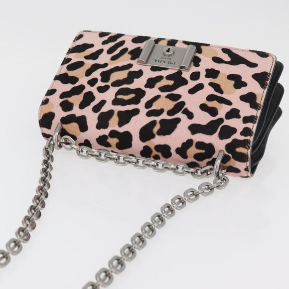PRADA Chain Shoulder Bag Unborn Calf Skin Pink Silver Auth 181937A