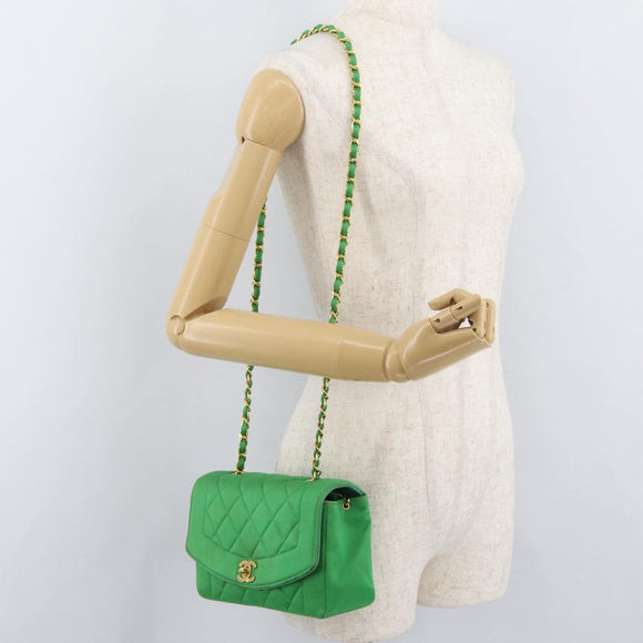 CHANEL Diana 23 Matelasse Chain Shoulder Bag Satin Green Gold CC Auth 181942SM