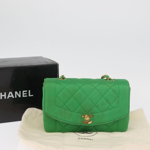 CHANEL Diana 23 Matelasse Chain Shoulder Bag Satin Green Gold CC Auth 181942SM