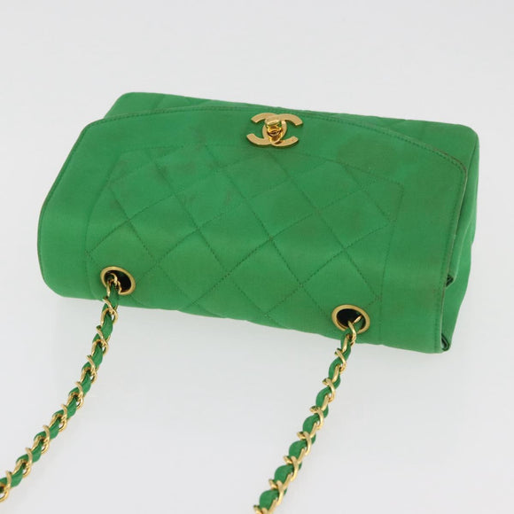 CHANEL Diana 23 Matelasse Chain Shoulder Bag Satin Green Gold CC Auth 181942SM