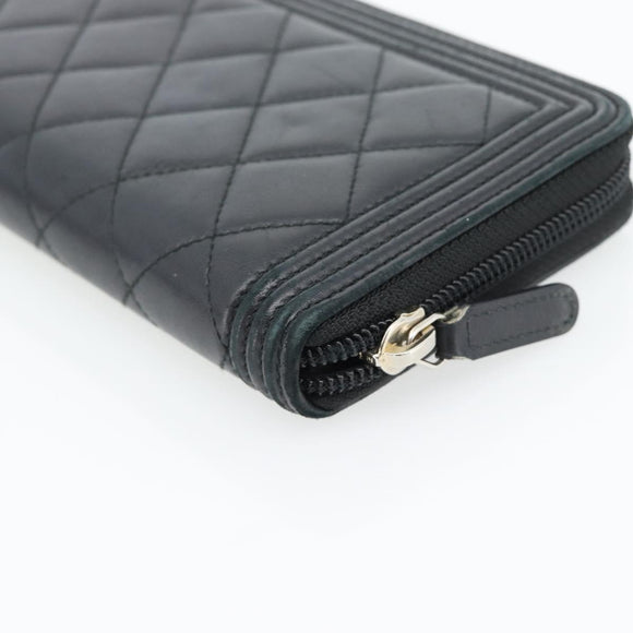 CHANEL Boy Chanel Long Wallet Lamb Skin Black Gold CC Auth 181946V