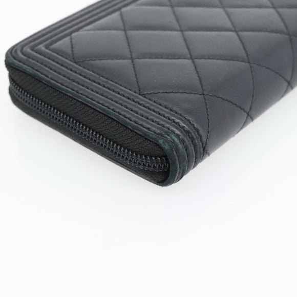 CHANEL Boy Chanel Long Wallet Lamb Skin Black Gold CC Auth 181946V