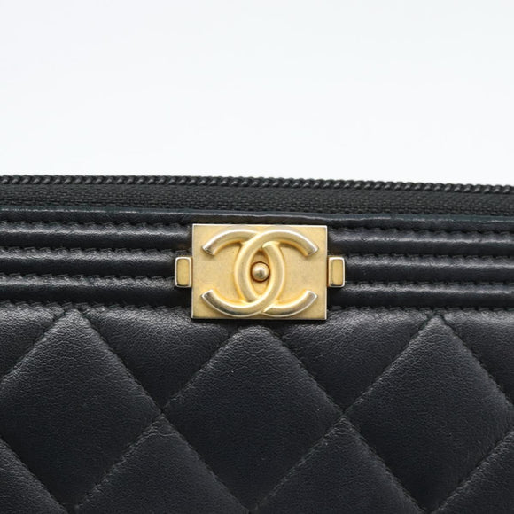 CHANEL Boy Chanel Long Wallet Lamb Skin Black Gold CC Auth 181946V