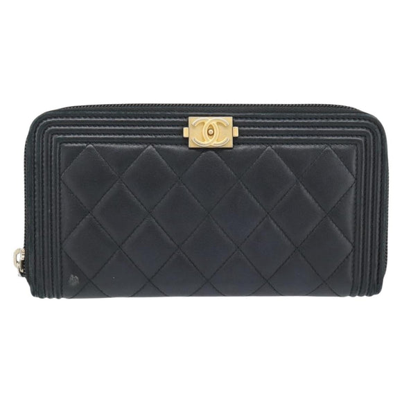 CHANEL Boy Chanel Long Wallet Lamb Skin Black Gold CC Auth 181946V
