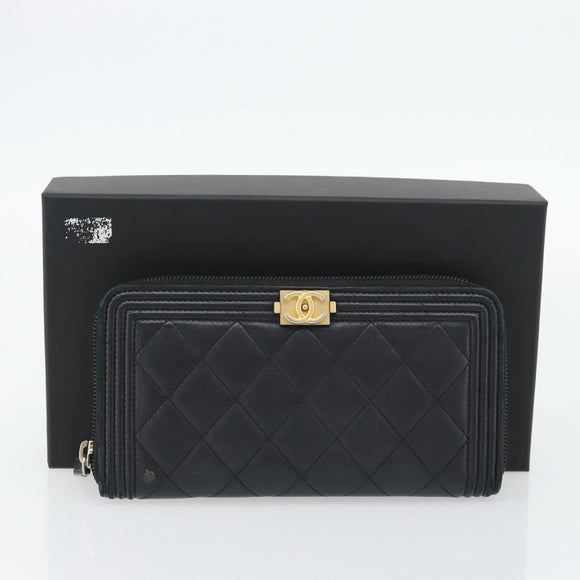 CHANEL Boy Chanel Long Wallet Lamb Skin Black Gold CC Auth 181946V
