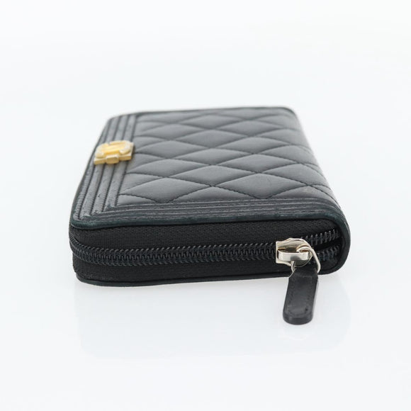 CHANEL Boy Chanel Long Wallet Lamb Skin Black Gold CC Auth 181946V