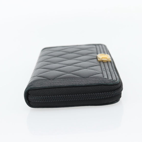 CHANEL Boy Chanel Long Wallet Lamb Skin Black Gold CC Auth 181946V