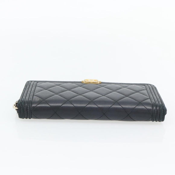 CHANEL Boy Chanel Long Wallet Lamb Skin Black Gold CC Auth 181946V