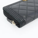 CHANEL Boy Chanel Long Wallet Lamb Skin Black Gold CC Auth 181946V-14