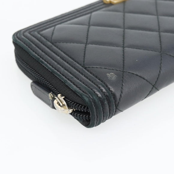 CHANEL Boy Chanel Long Wallet Lamb Skin Black Gold CC Auth 181946V