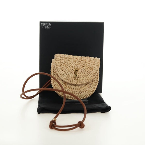 SAINT LAURENT Ketten-Schultertasche Raffia Beige Gold Auth 181954M