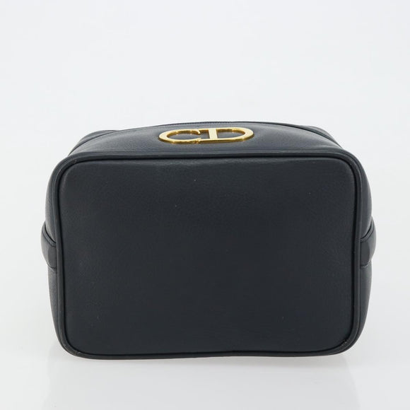 Christian Dior Vanity Hand Bag Leather Navy Gold Auth 182020A