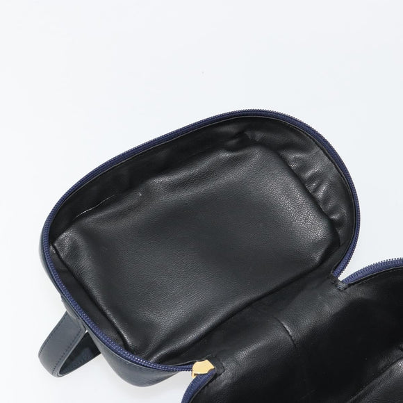 Christian Dior Vanity Hand Bag Leather Navy Gold Auth 182020A