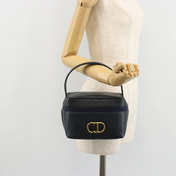 Christian Dior Vanity Hand Bag Leather Navy Gold Auth 182020A