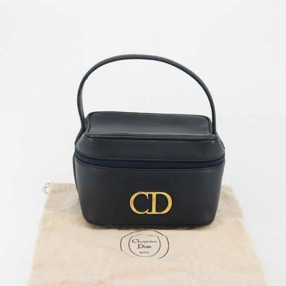 Christian Dior Vanity Hand Bag Leather Navy Gold Auth 182020A