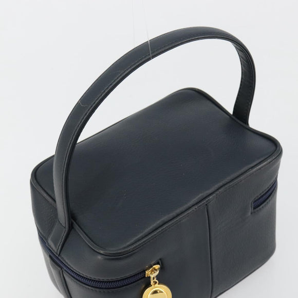 Christian Dior Vanity Hand Bag Leather Navy Gold Auth 182020A