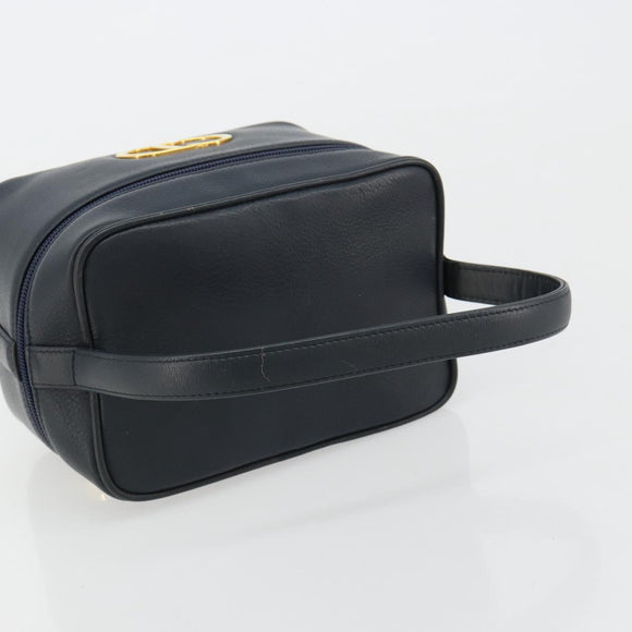 Christian Dior Vanity Hand Bag Leather Navy Gold Auth 182020A