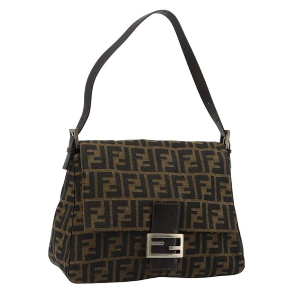 FENDI Zucca Canvas Mamma Baguette Shoulder Bag Black Brown Auth 182028SAM