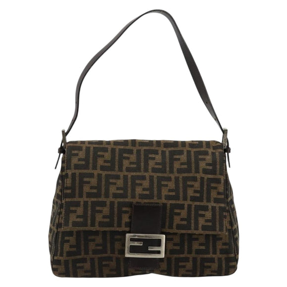 FENDI Zucca Canvas Mamma Baguette Shoulder Bag Black Brown Auth 182028SAM