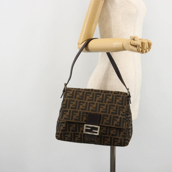 FENDI Zucca Canvas Mamma Baguette Shoulder Bag Black Brown Auth 182028SAM
