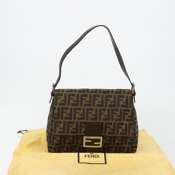 FENDI Zucca Canvas Mamma Baguette Shoulder Bag Black Brown Auth 182028SAM