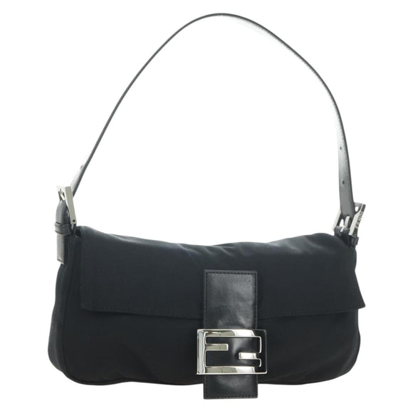 FENDI Mamma Baguette Schultertasche Baumwolle Schwarz Silber Auth 182029SAM