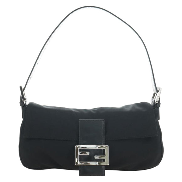 FENDI Mamma Baguette Schultertasche Baumwolle Schwarz Silber Auth 182029SAM