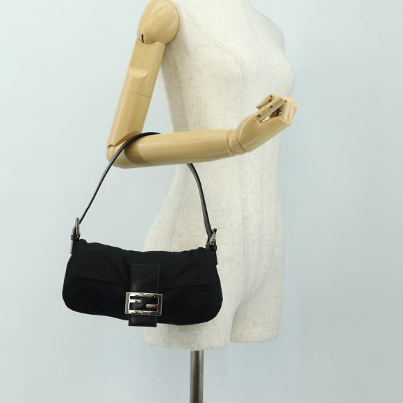 FENDI Mamma Baguette Schultertasche Baumwolle Schwarz Silber Auth 182029SAM