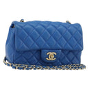 CHANEL Mini Matelasse 19 Chain Bag Lamb Skin Blue Gold CC Auth 182032SAV-1