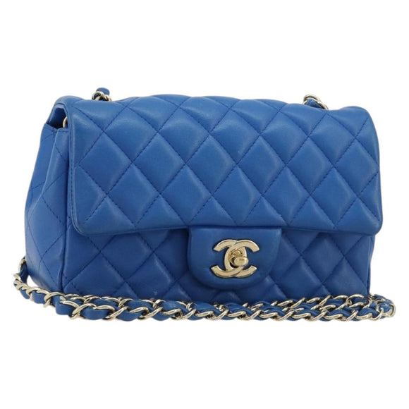 CHANEL Mini Matelasse 19 Chain Bag Lamb Skin Blue Gold CC Auth 182032SAV