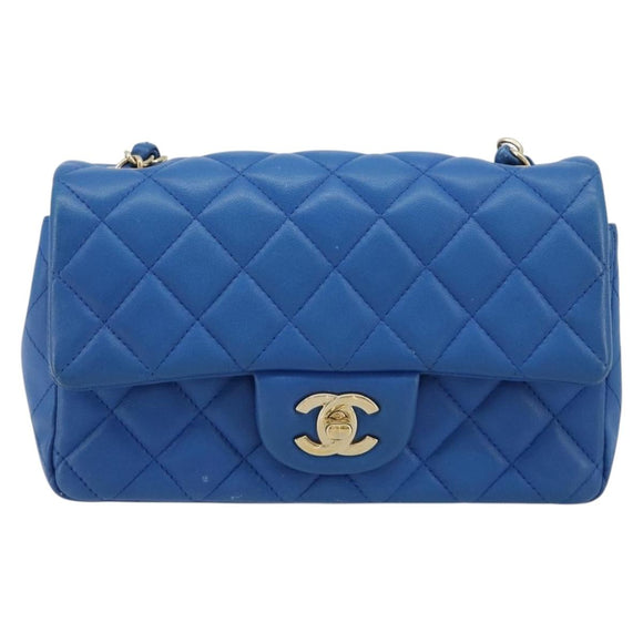CHANEL Mini Matelasse 19 Chain Bag Lamb Skin Blue Gold CC Auth 182032SAV