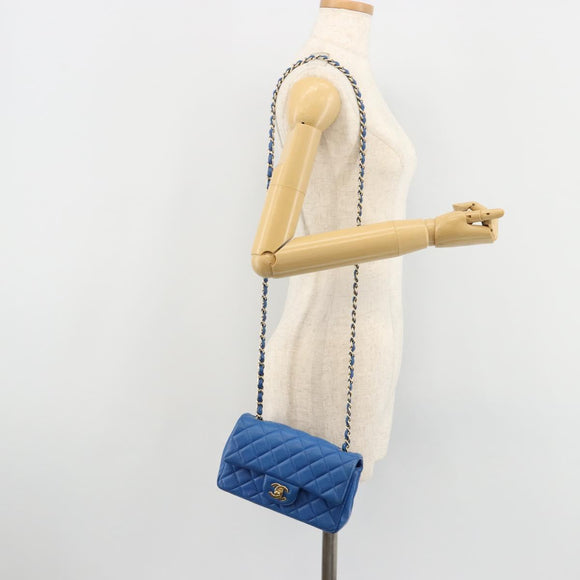 CHANEL Mini Matelasse 19 Chain Bag Lamb Skin Blue Gold CC Auth 182032SAV