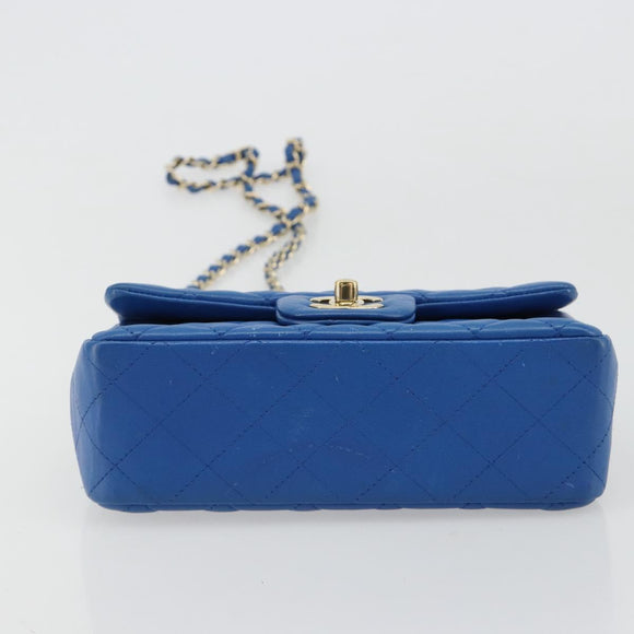 CHANEL Mini Matelasse 19 Chain Bag Lamb Skin Blue Gold CC Auth 182032SAV
