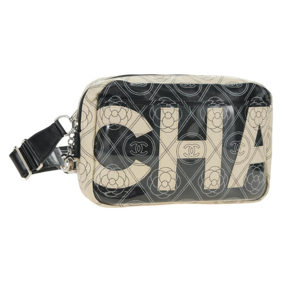 CHANEL Camelia Shoulder Bag Coated Canvas White Black CC Auth 182034SAV